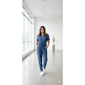 Calvin Klein Indigo Denim-Effect Short Sleeve Jumpsuit